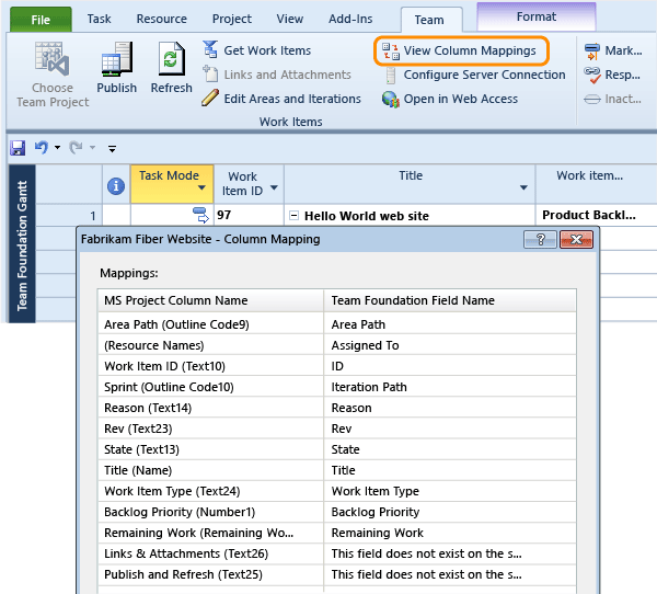 View of work tracking fields mapped to project fields