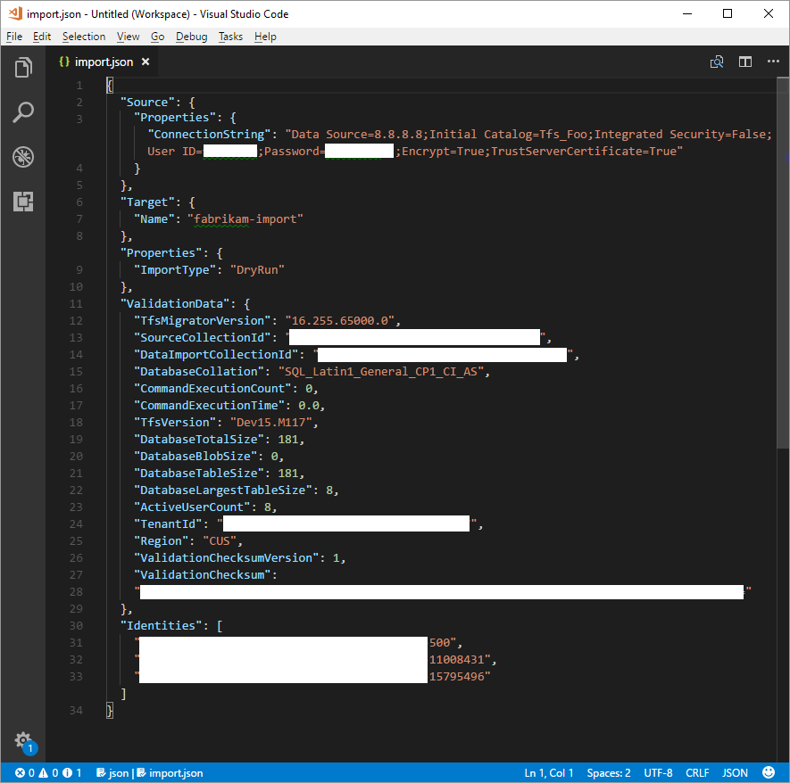 Screenshot of the import specification referencing a SQL Azure VM.