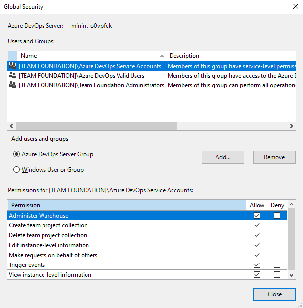 Screenshot of Server-level permissions.