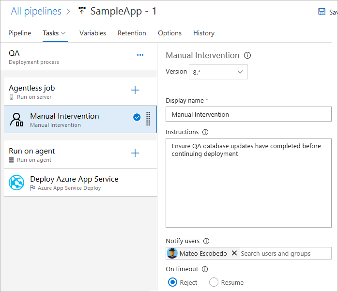 A screenshot showing how to configure the Manual Intervention task.