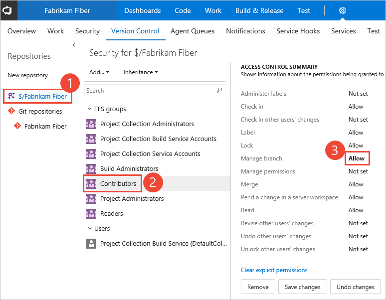 Image that shows setting TFVC repository security permissions for the Contributors group.