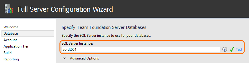 Screenshot of Advanced, Dabatase page in the full configuration wizard.