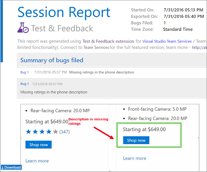 Screenshot show the exploratory testing report.