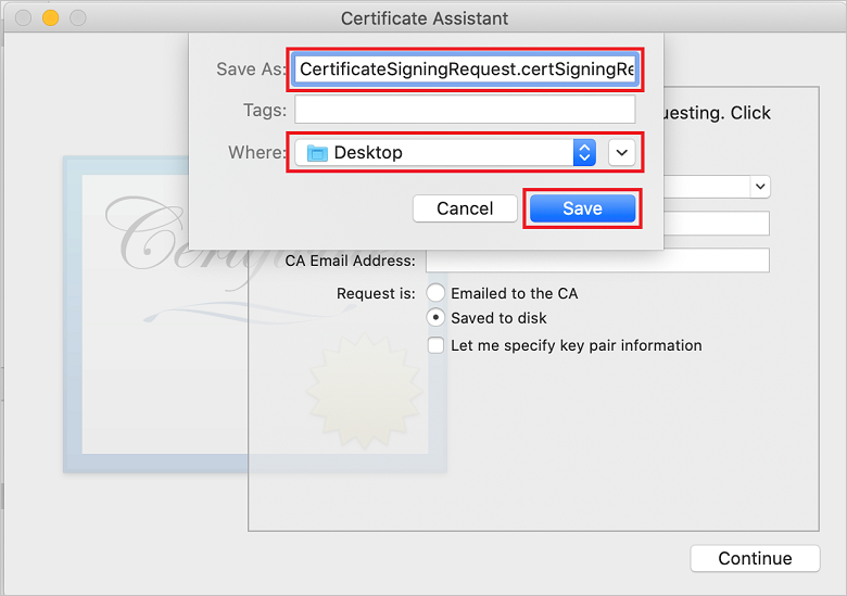 Escolher um nome de arquivo para o certificado