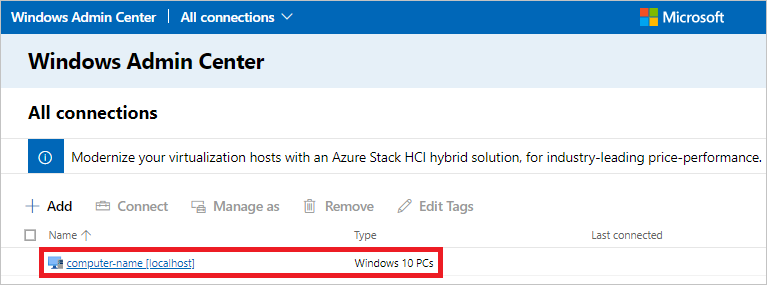 Painel inicial do Windows Admin Center com o dispositivo de destino listado, PNG.