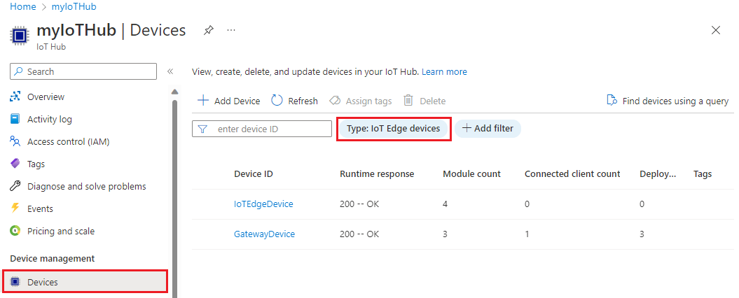 Captura de tela de como exibir todos os dispositivos IoT Edge em seu hub IoT.