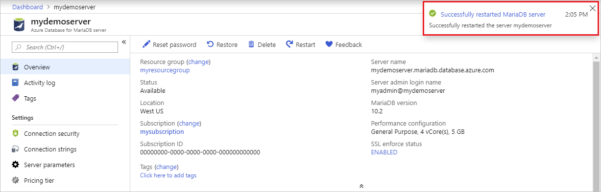 Azure Database for MariaDB - Restart success