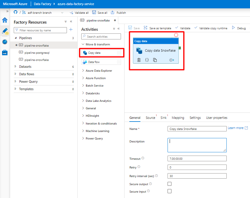 Captura de tela mostrando como arrastar e soltar uma atividade Copiar dados na tela do pipeline para copiar dados do Snowflake.