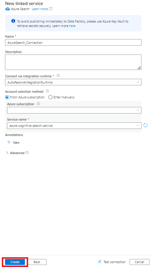 Captura de tela mostrando como escolher um novo serviço de pesquisa vinculada no Azure Data Factory com suas propriedades para importar do Snowflake.