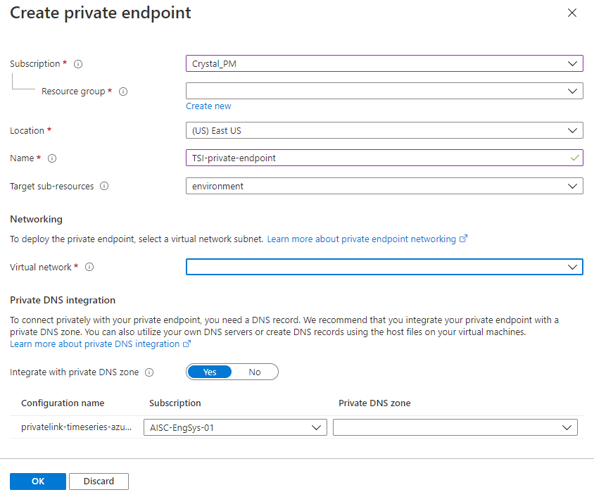 Captura de tela do portal do Azure mostrando a página Criar ponto de extremidade privado. Ele contém os campos descritos abaixo.