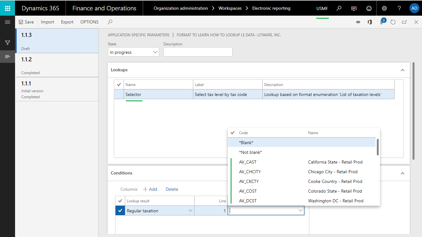 Application-specific parameters: Conditions screen 2