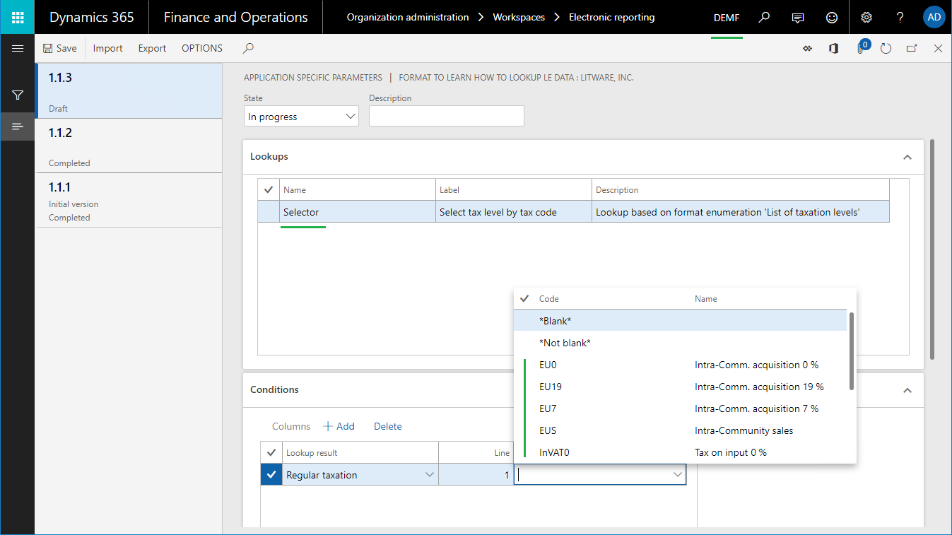 Application-specific parameters: Conditions screen 1