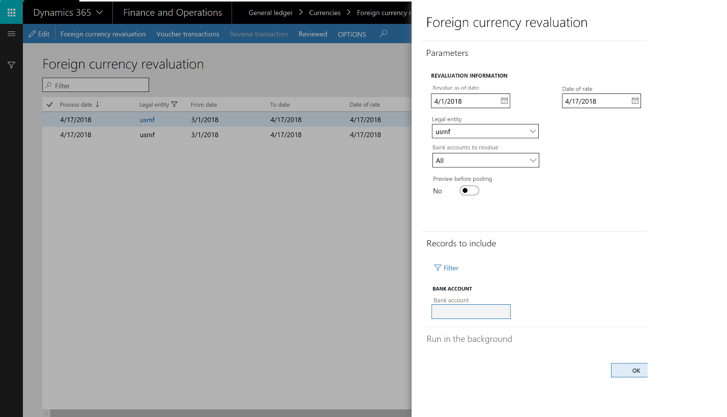 Bank foreign currency revaluation screenshot