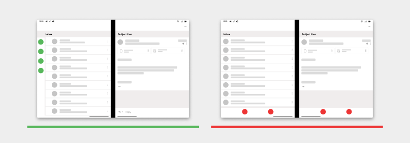 Diagram shows the use a side menu on the list screen, rather than have a bottom menu that spans both screens.