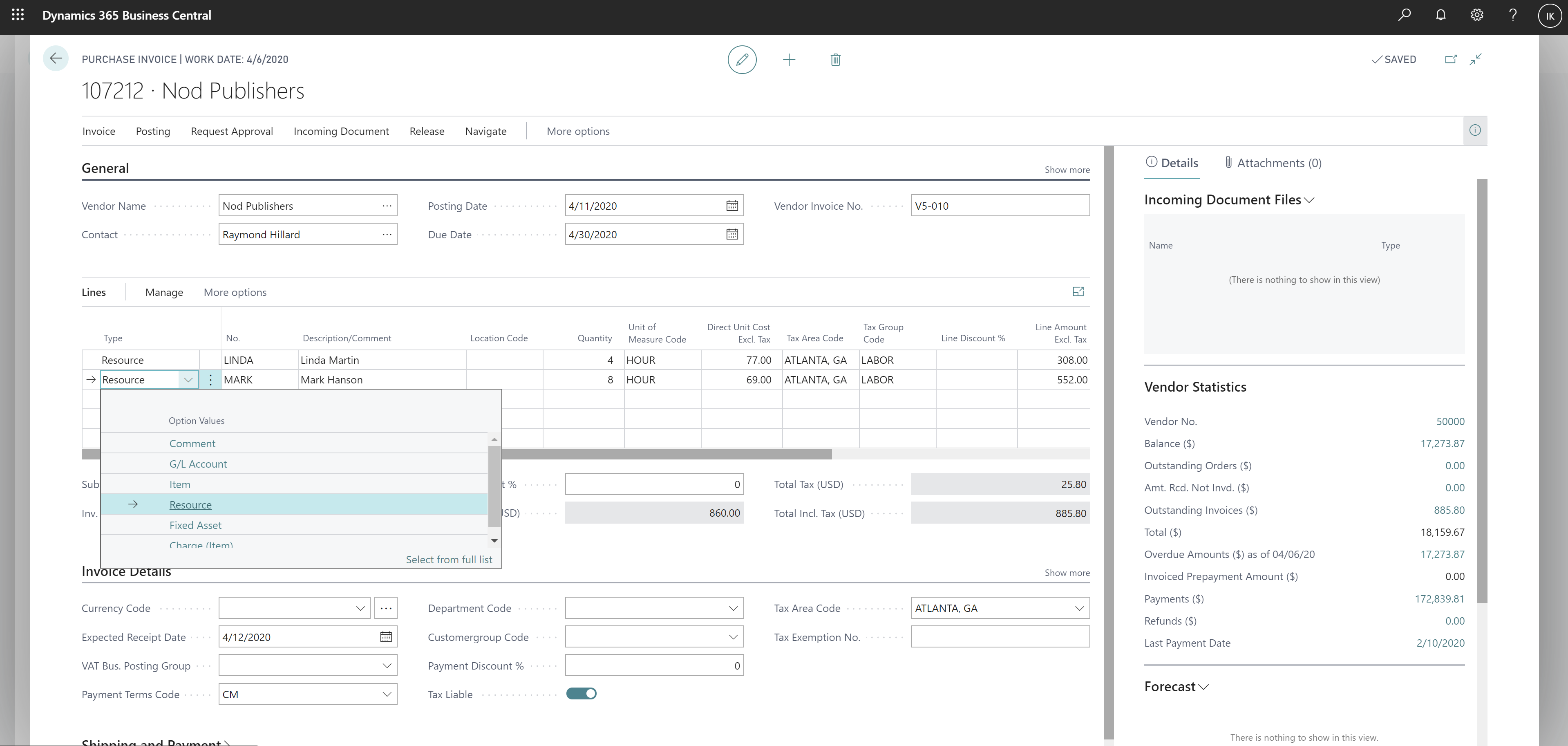 Shows purchase invoice with resource lines