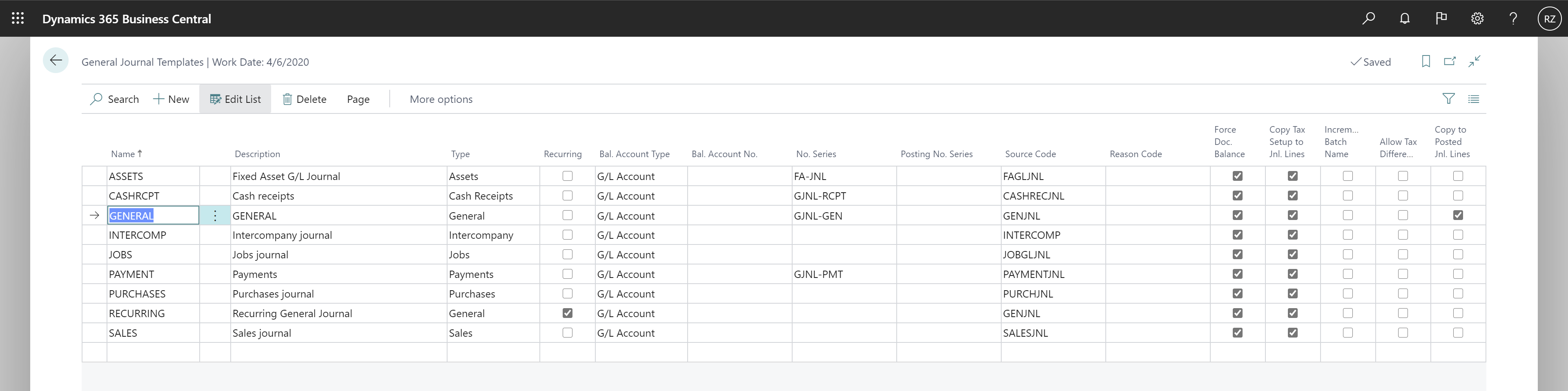 Shows General Journal Templates with Copy to Posted Jnl. Lines field