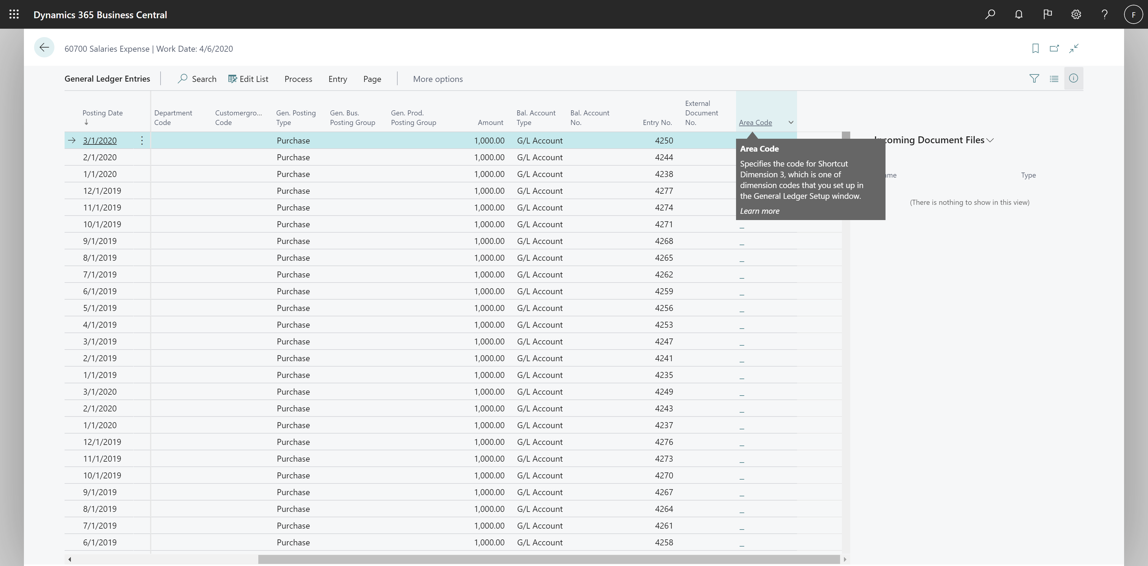 General Ledger Entries page with additional Shortcut Dimension column