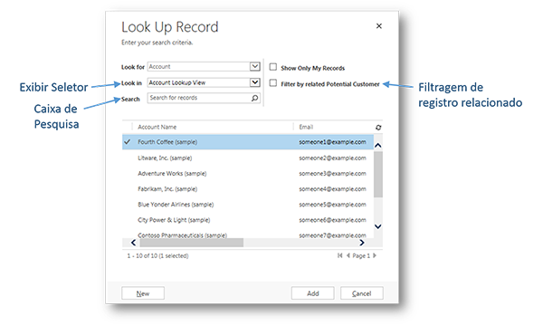 Elementos da caixa de diálogo de pesquisa no Dynamics CRM