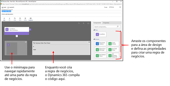 Janelas de criação de regras de negócios