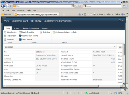 MIcrosoft Dynamics NAV card application page