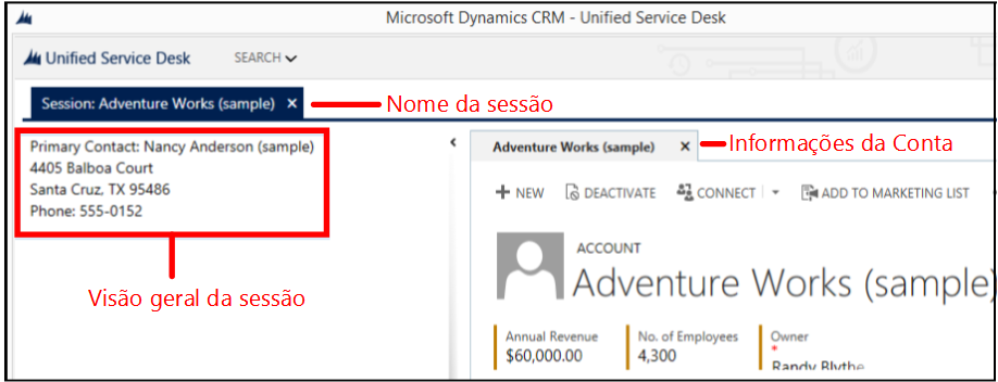 Nome da sessão e informações de visão geral