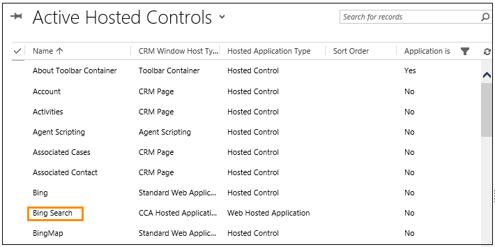 Lista de controles hospedados exibindo a pesquisa do Bing