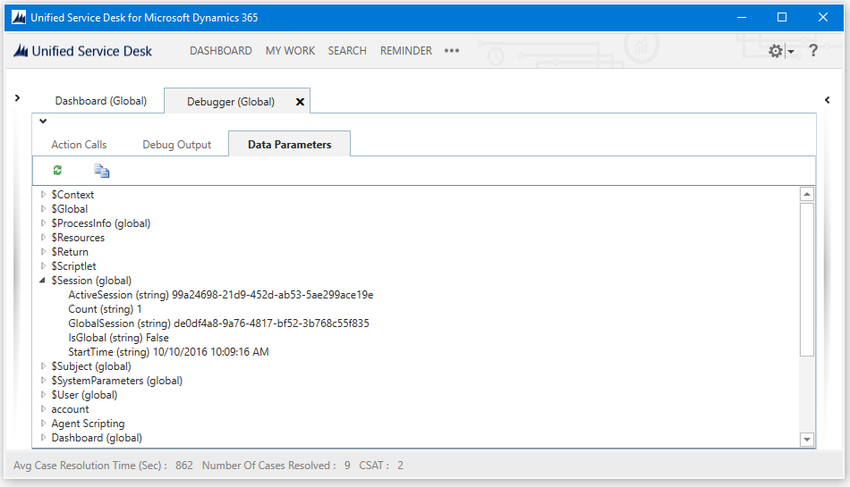 Guia Parâmetros de dados da depuração do Unified Service Desk