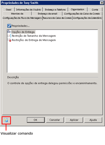 Caixa de propriedades com ícone "Exibir Comando" realçado