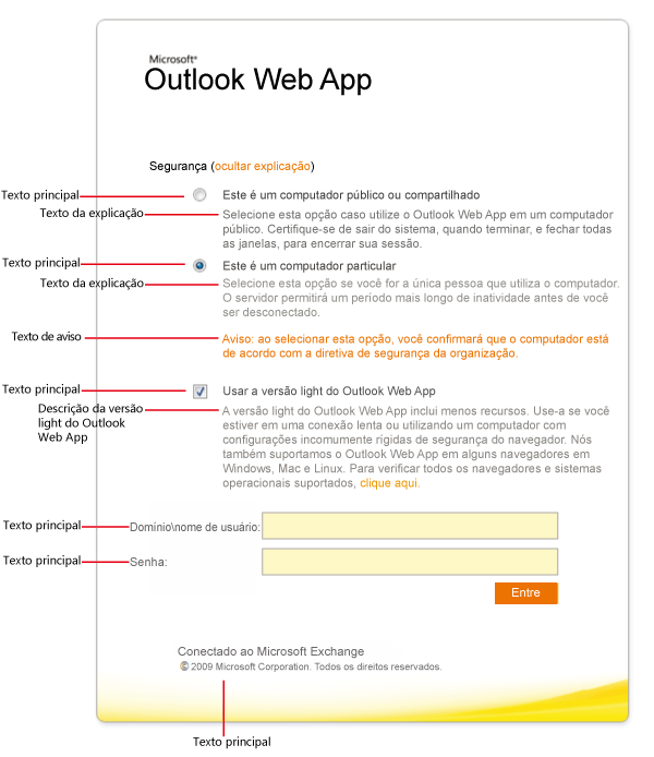 Opções de texto da página para entrar no aplicativo Web Outlook