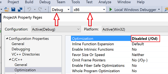 Visual C++ Property Pages showing active configuration