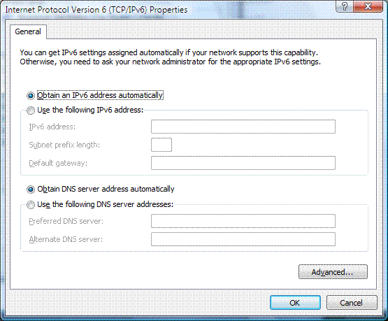 The Internet Protocol Version 6 (TCP/IPv6) Properties dialog box