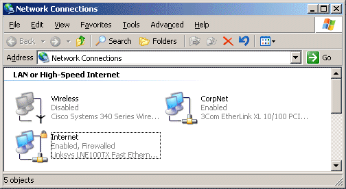 Figure 13-13 Example of a connection in Network Connections on which ICF has been enabled