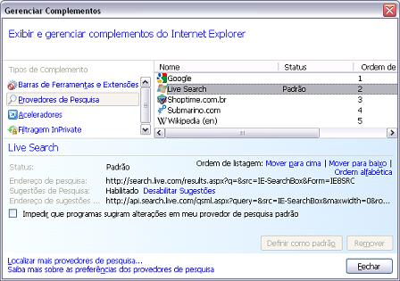 Caixa de diálogo Gerenciar Complementos do Internet Explorer.