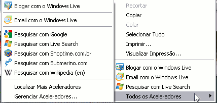 O menu Mais Aceleradores mostrando os serviços Web disponíveis