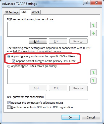 DNS devolution settings on the DNS tab