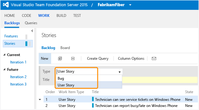 Updated panel with bug work item type added