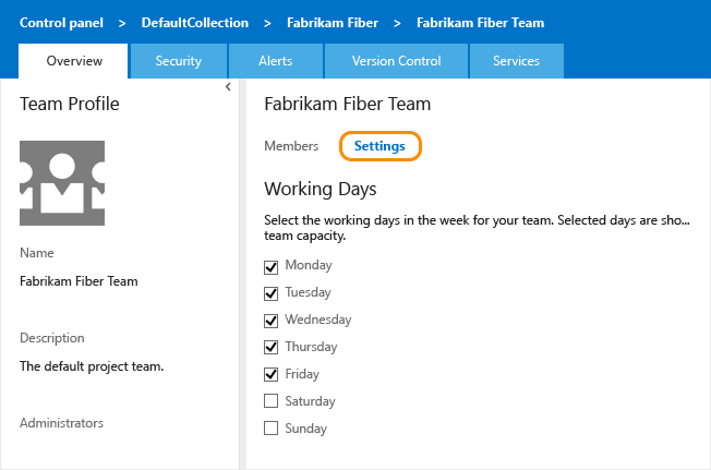 Team settings page for default working days