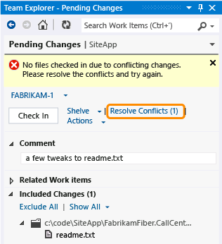 Alterações conflitantes bloqueiam um check-in