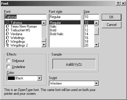 Font dialog box