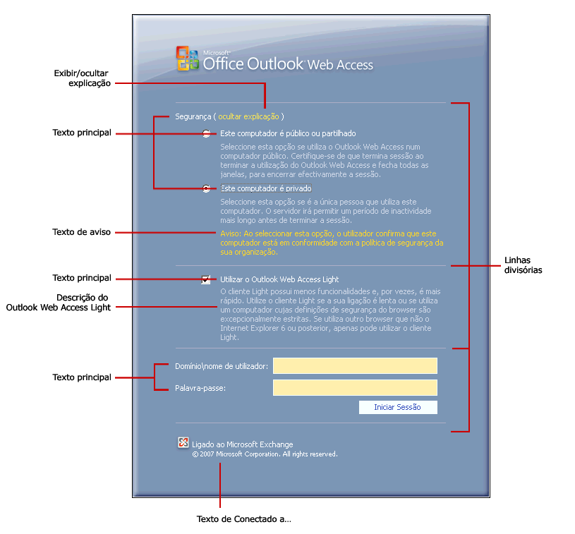 Opções de texto da página de logon do Outlook Web Access