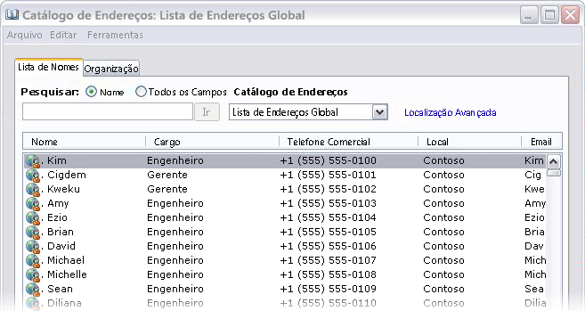 Listas de endereços exibidas no Outlook 2007
