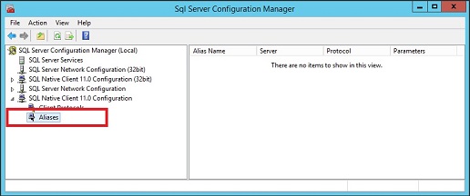 Aliases em SQL Server Configuration Manager.