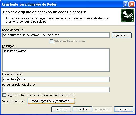 Serviços do Excel - botão de configurações de autenticação