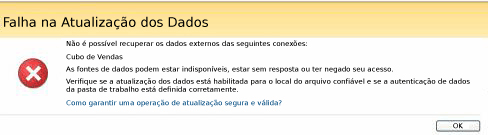 Serviços do Excel - mensagem de falha na atualização de dados