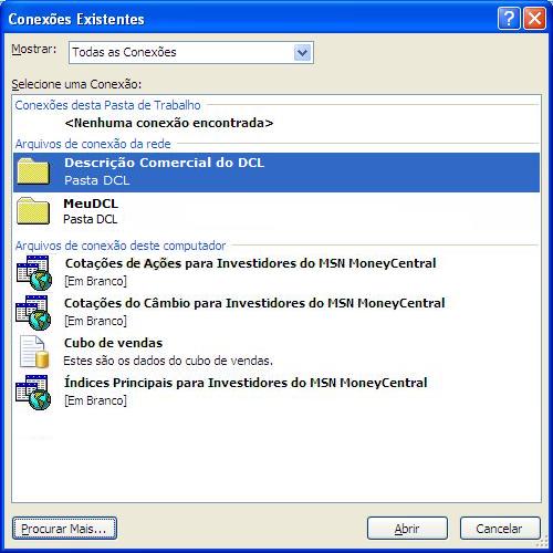 Arquivos de conexão existentes dos Serviços do Excel