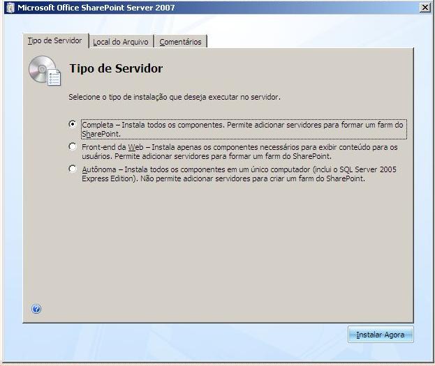Assistente de Instalação - Tipo de servidor