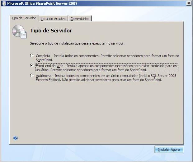 Assistente de Instalação - Tipo de front-end da Web