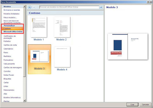 Caixa de diálogo Novo Documento com modelos personalizados