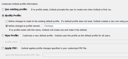 Configurações do OCT para modificar perfil do Outlook específico