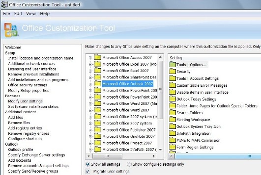 Configurações do Outlook em Modificar configurações do usuário